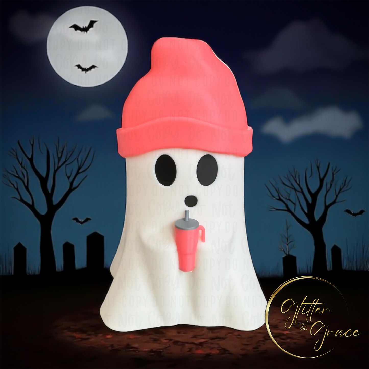 3d printed ghost wearing a beanie hat holding a tumbler