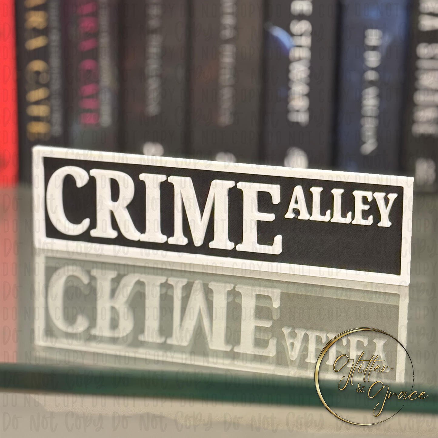 3d printed small street sign for book shelves saying crime alley