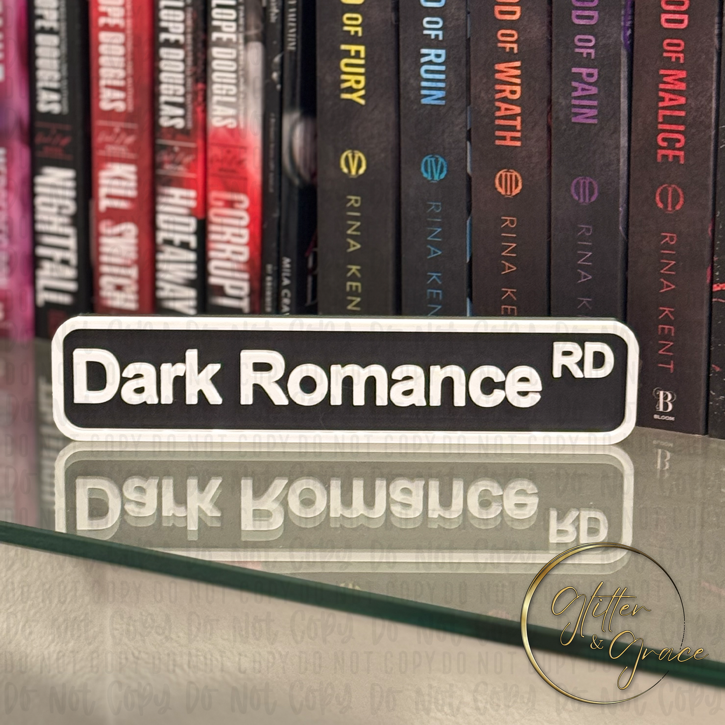 3d printed small street sign saying dark romance rd