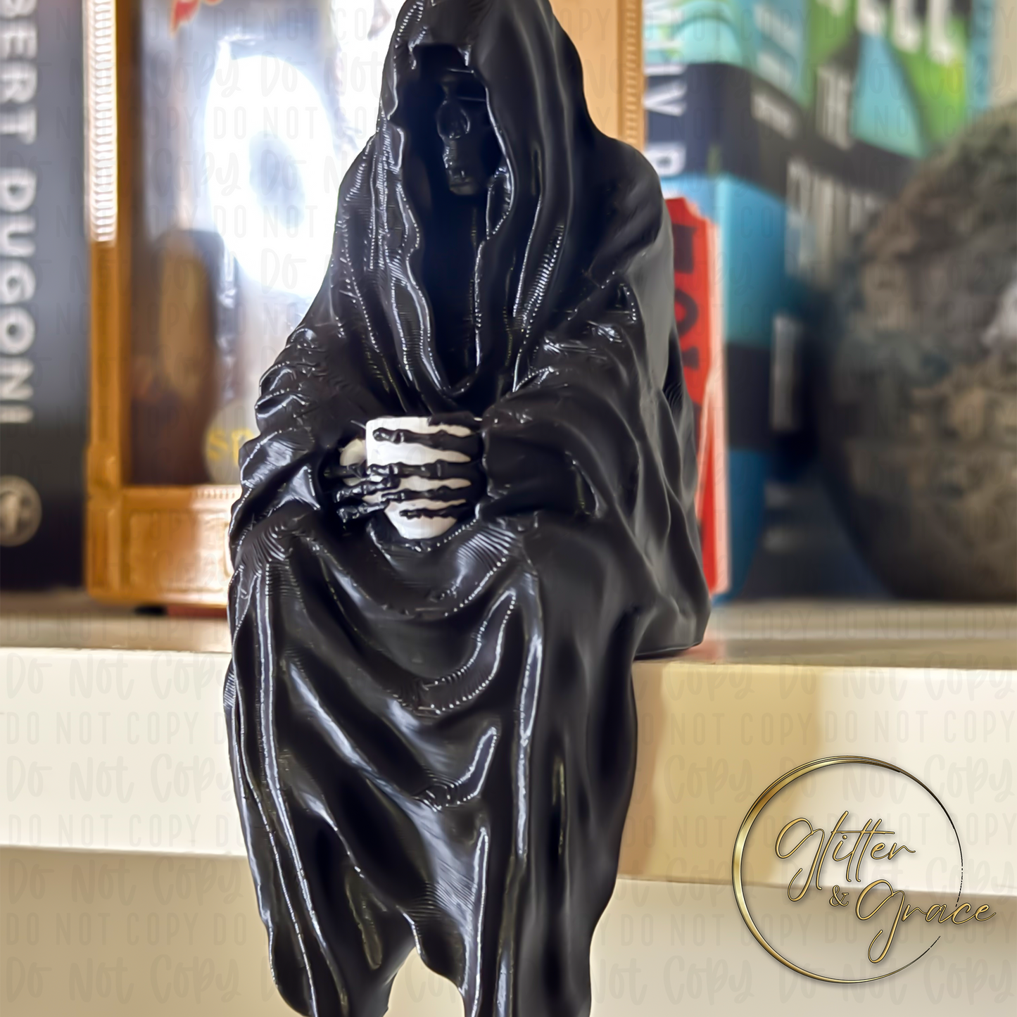 3d printed figurine of the grim reaper sitting on a shelf holding a cup of coffee