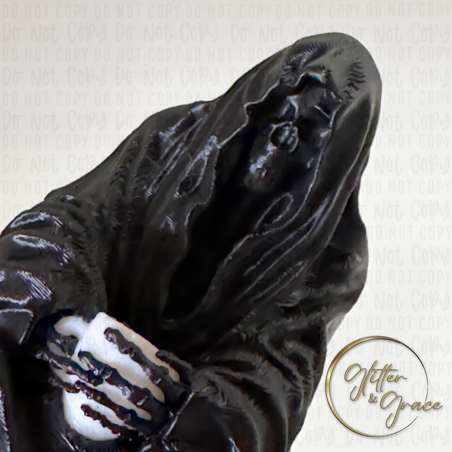 3d printed figurine of the grim reaper sitting on a shelf holding a cup of coffee