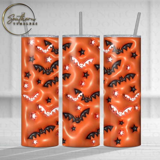 20oz skinny straight sublimated tumbler designed with black and white bats and stars with a orange background and 3d puff effect