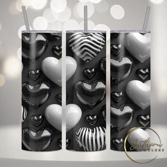 20oz skinny sublimated tumbler designed with shades of white grey and black hearts