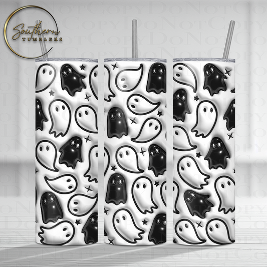 20oz skinny straight sublimated tumbler decorated with black and white ghosts and stars with a 3d puffed effect