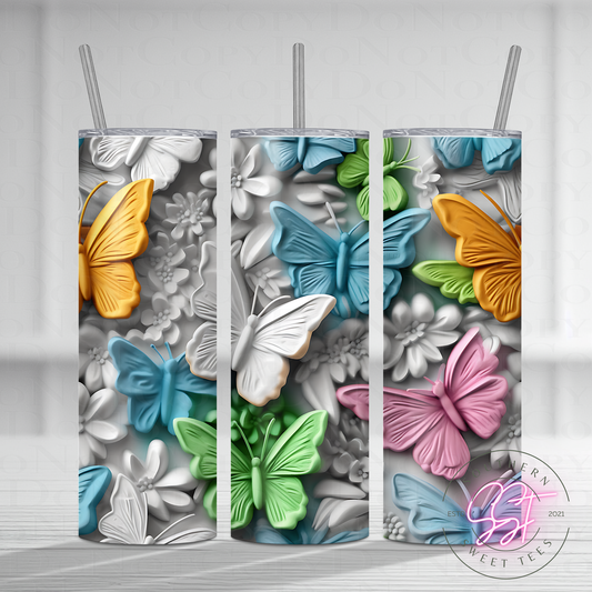 20oz skinny straight sublimated tumbler with a 3d design of florals and butterflies 