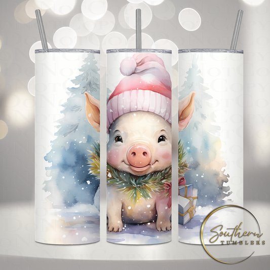 20oz stainless steel sublimated tumbler decorated with an adorable piglet wearing a pink santa hat