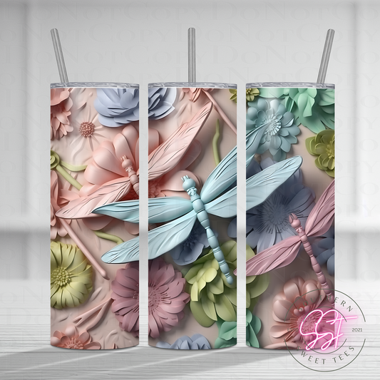 20oz skinny straight sublimated tumbler with a 3d design of florals and dragonflies
