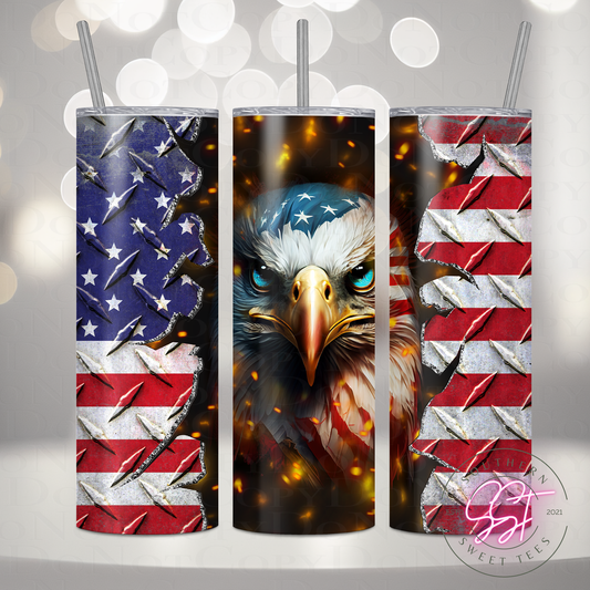 20oz skinny straight tumbler designed with an American flag and eagle  