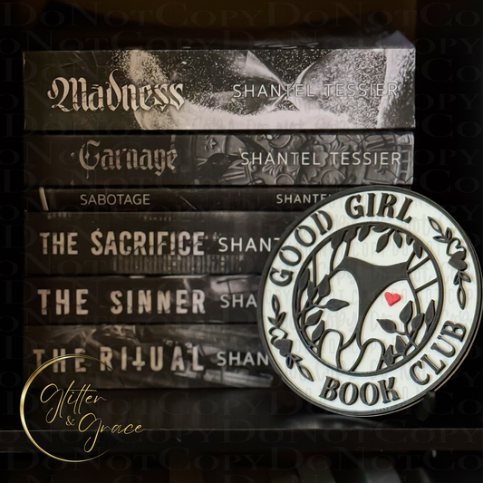 3d printed book shelf sign saying good girl book club with the image of a lady in a thong and a heart on her behind