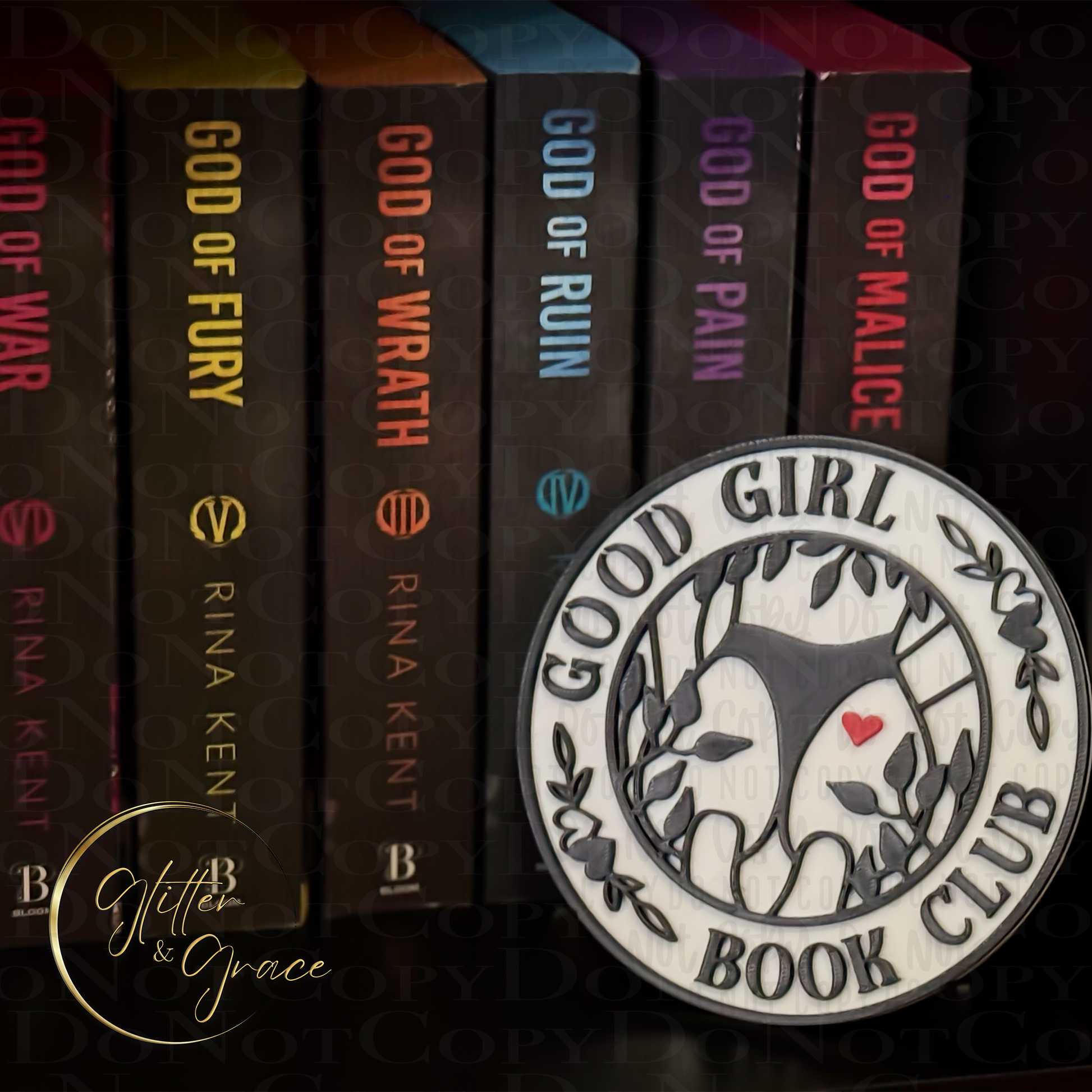 3d printed book shelf sign saying good girl book club with the image of a lady in a thong and a heart on her behind