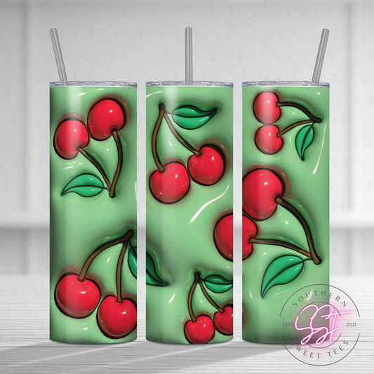 20oz Skinny straight sublimated tumbler with a 3d puff effect decorated with cherries