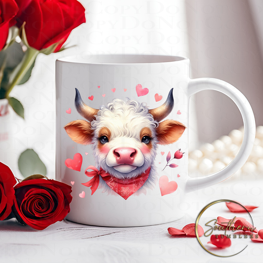 11oz drinking mug sublimated with an image of a highland cow surrounded by hearts