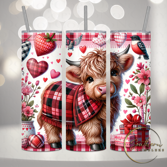 20oz skinny straight sublimated tumbler designed with a baby highland cow wearing a sweater with flowers birds and hearts