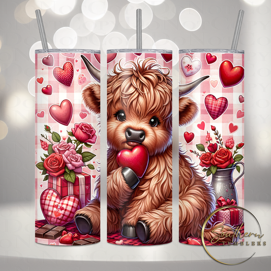 20oz skinny sublimated tumbler designed with a baby highland cow with hearts flowers and chocolate 
