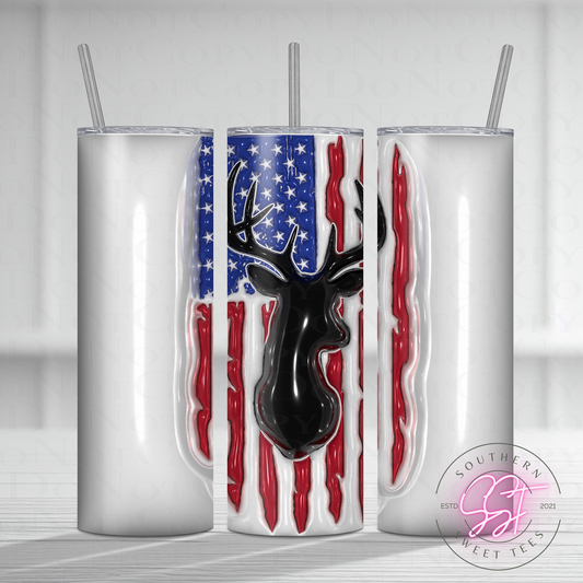 20oz skinny straight sublimated tumbler with a 3d puffy effect and an image of a deer head in front of an american flag