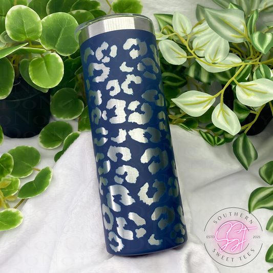 20oz skinny Navy colored powder coated tumbler laser engraved with leopard print