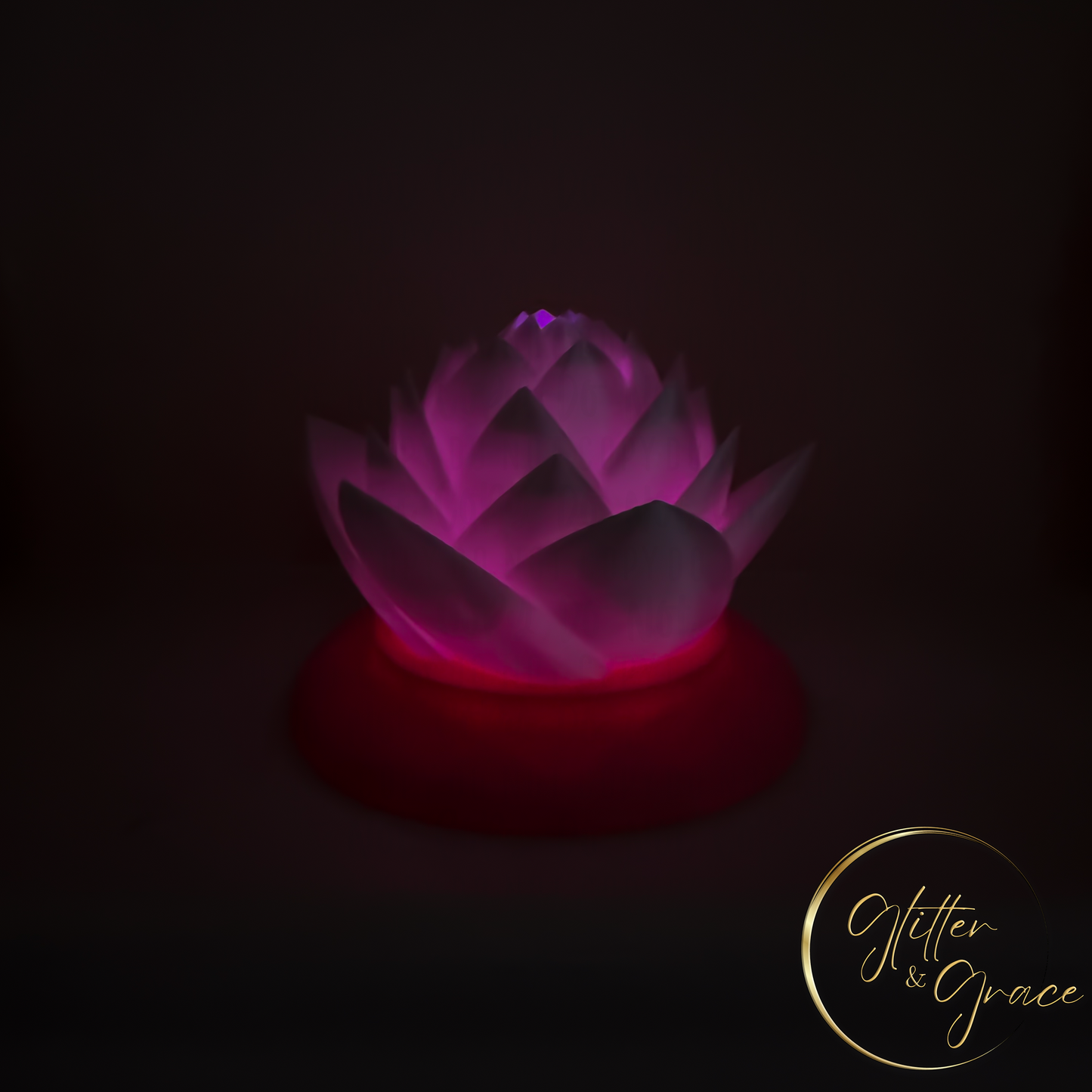 3d printed lotus flower sitting on a base that hides the LED tealight candle illuminating the flower