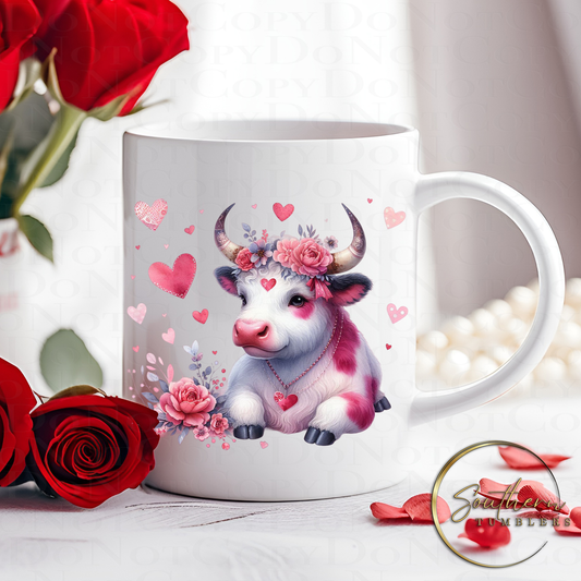 11oz drinking mug sublimated with an image of a highland cow in pink with hearts and flowers