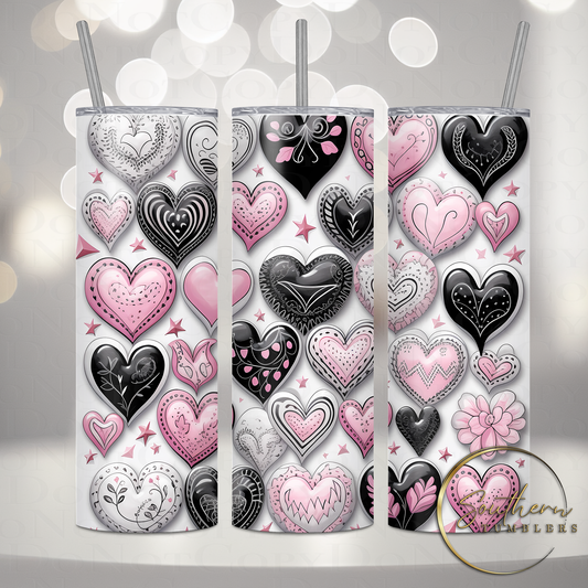 20oz skinny straight sublimated tumbler decorated with black and pink hearts 