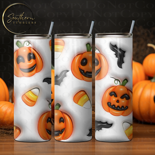 20oz skinny straight sublimated tumbler decorated with bats, pumpkins and candy with a 3d puff effect