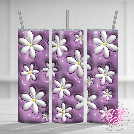20oz skinny straight sublimated tumbler with a 3d puffy effect decorated in daisies