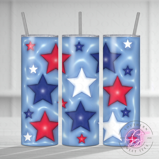 20oz skinny straight sublimated tumbler with a 3d puffy effect decorated with red white and blue stars