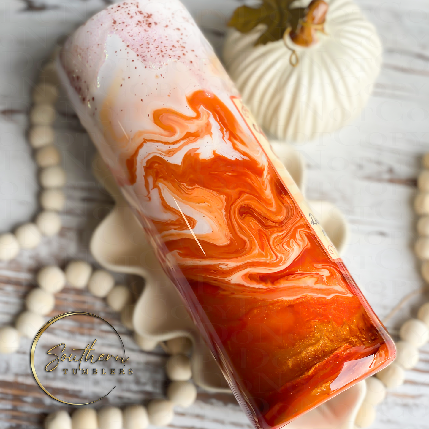 20oz skinny straight tumbler decorated with fall colored glitter, decal saying tis the season for pumpkin spice lattes and topped with a whipped cream drip effect