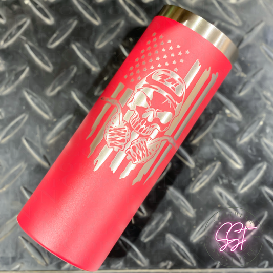 20oz skinny straight powder coated tumbler laser engraved with the image of a skeleton welder