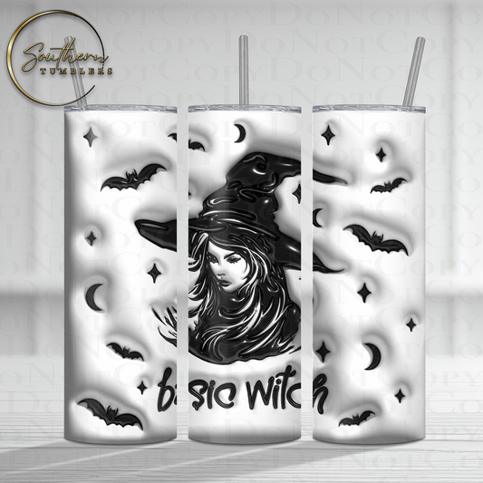 20oz skinny straight sublimated tumbler decorated with a witch surrounded by bats, moons and stars saying basic witch