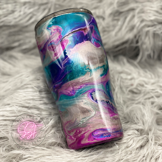 Pink Teal Silver and holographic alcohol inks swirled on a 20oz curved tumbler 