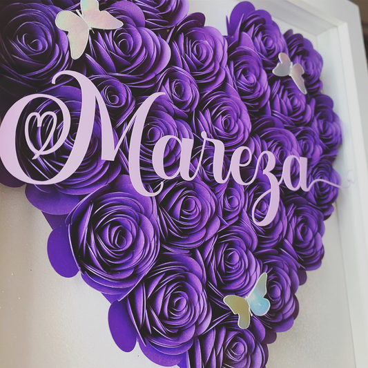 9x9 solid purple personalized hand rolled paper flowers in the shape of a heart shadowbox. Perfect gift for special someones